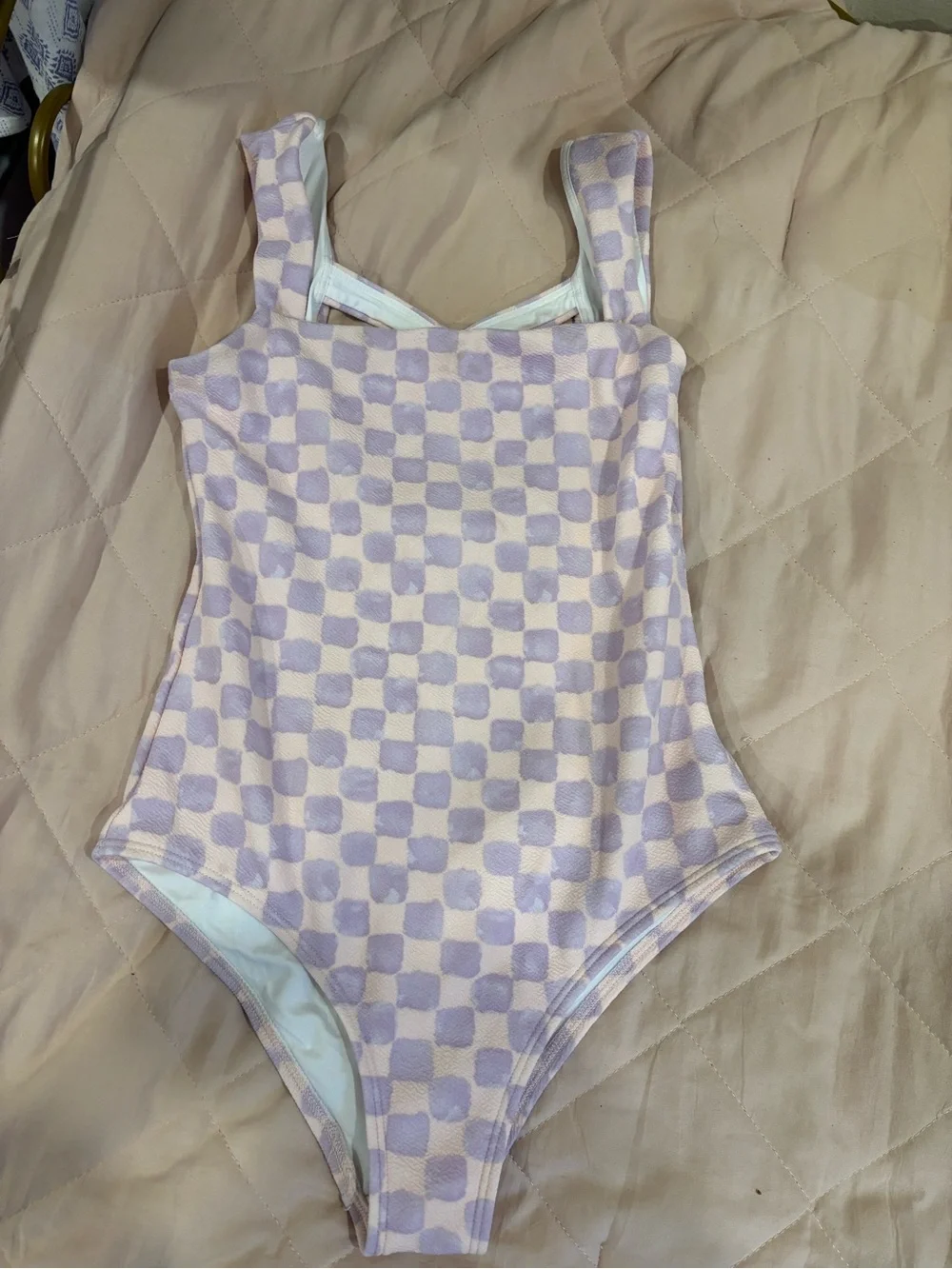 Old Navy Lavender and White Checkered Girls One-Piece Swimsuit